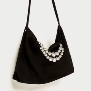 Zara Black Suede Runway Beaded handle bag NWT